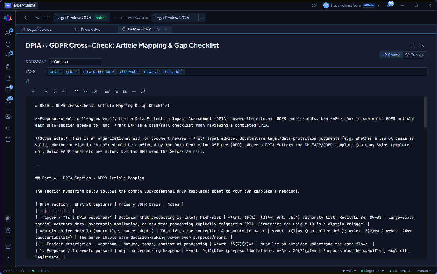 Knowledge document editor in source mode with markdown, tags, category, and source/preview toggle