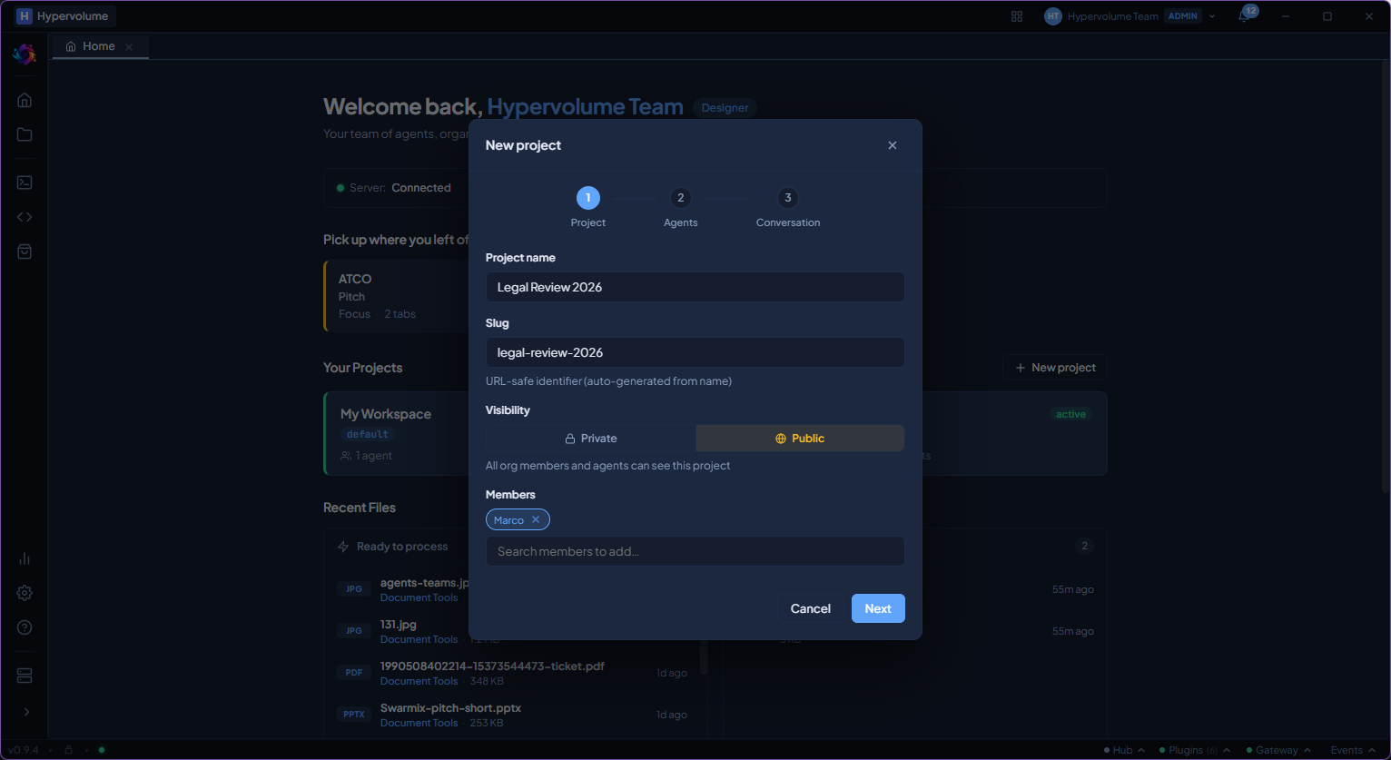 New project dialog: name, slug, visibility, and members