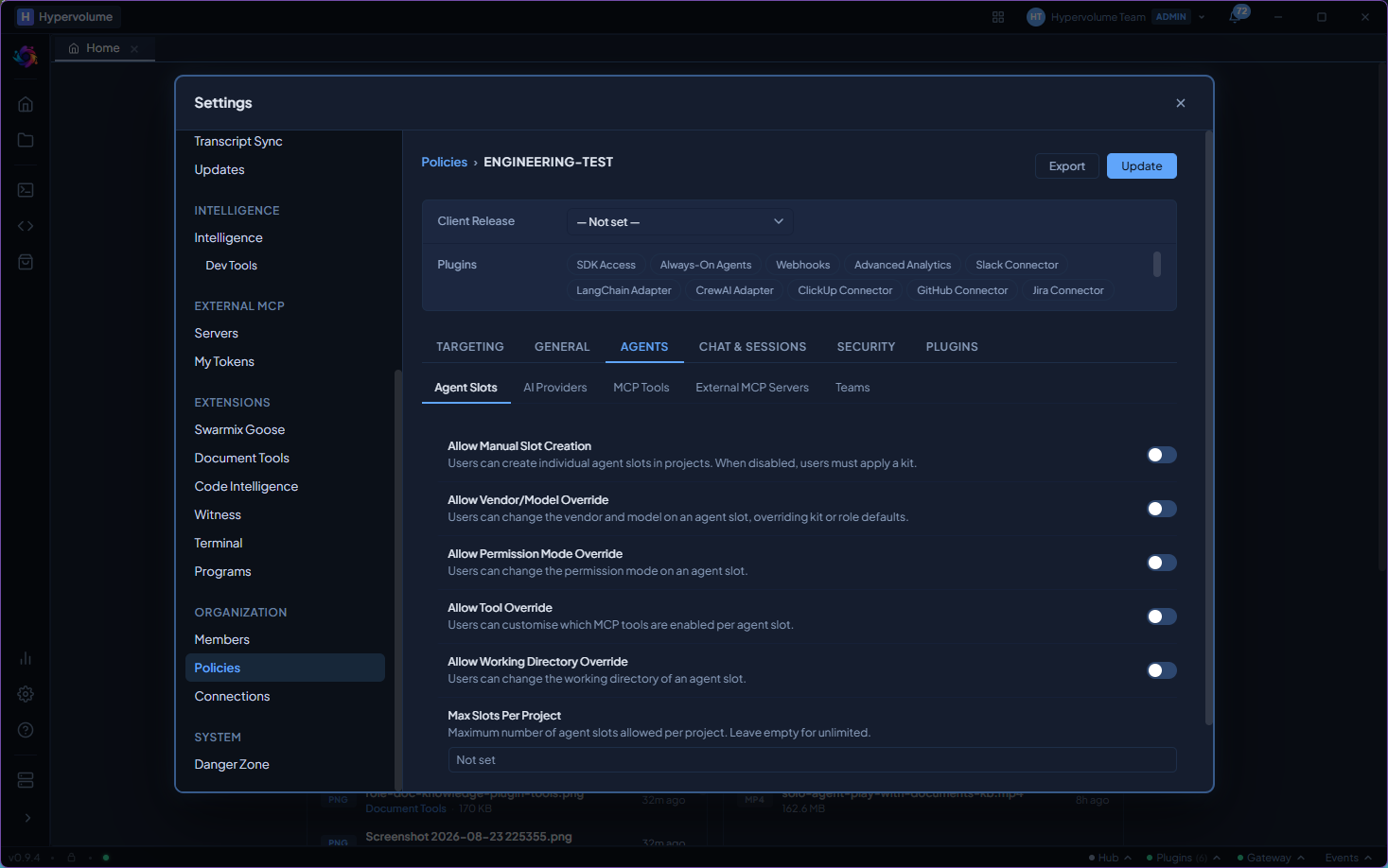 Org policy Agents tab with toggles for manual slot creation, vendor override, permission mode, tool override, and max slots per project