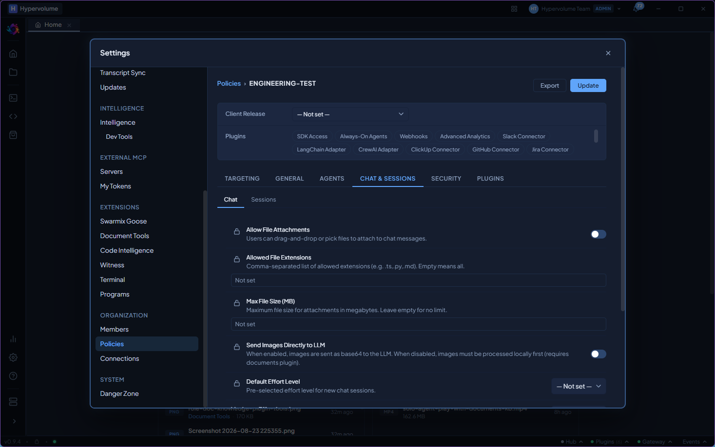 Chat & Sessions policy with file attachment rules, allowed extensions, max file size, image handling, and default effort level