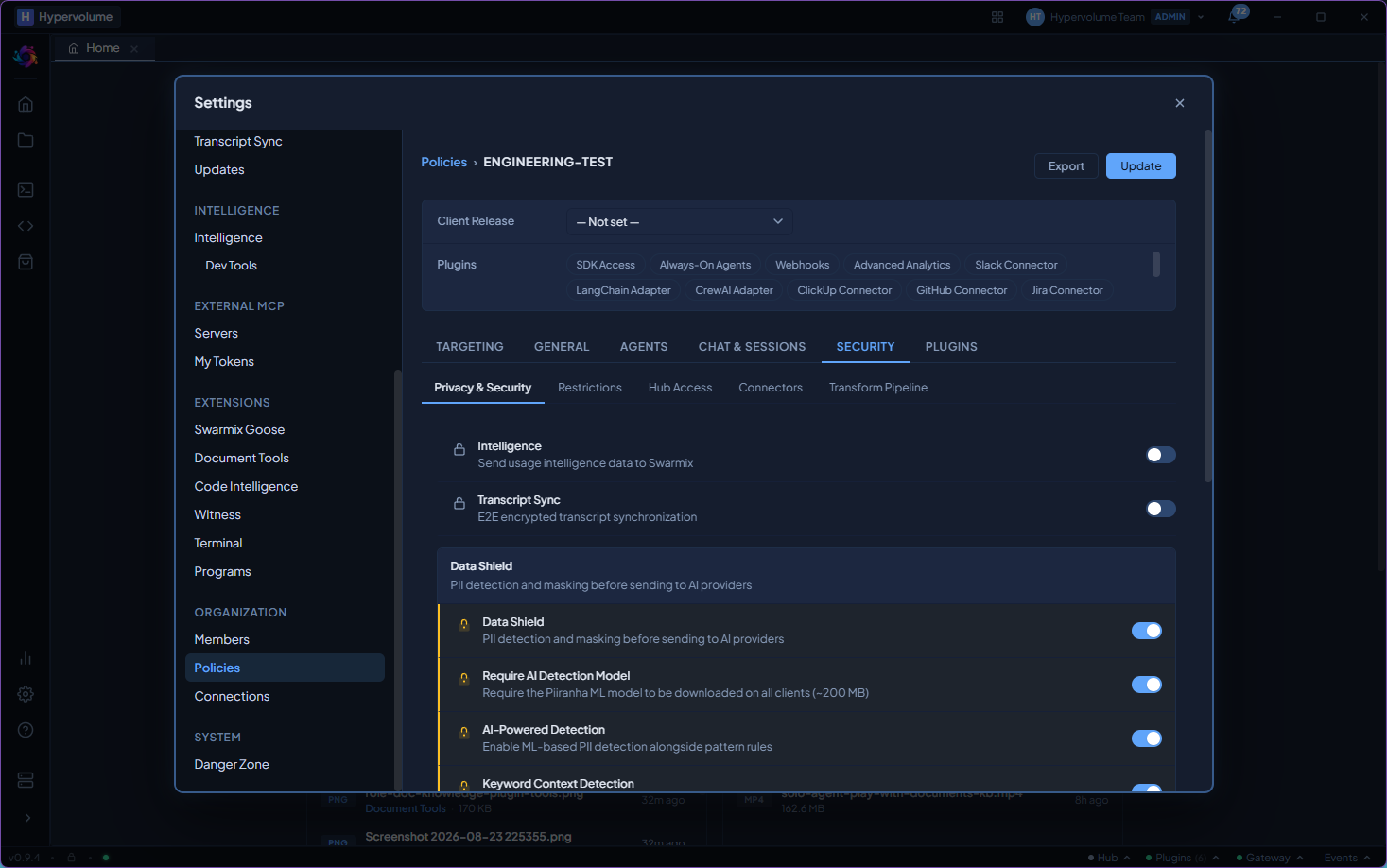 Security tab with Data Shield settings: PII detection, AI-powered detection via Piiranha ML model, and keyword context detection