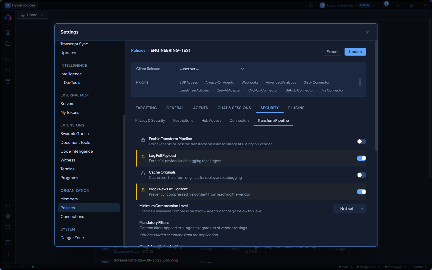 Transform Pipeline settings with payload logging, cache originals, block raw file content, compression floor, and mandatory filters