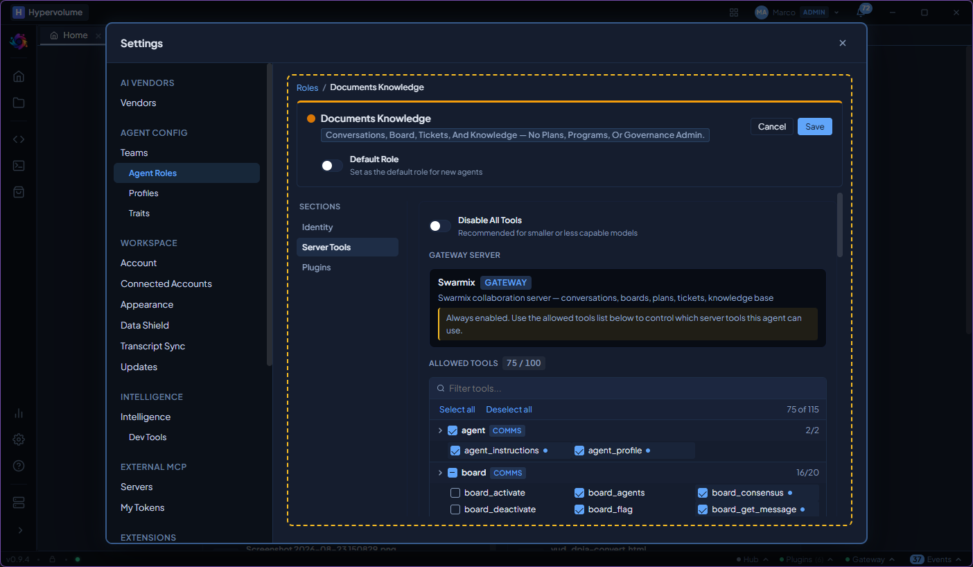 Server Tools section showing allowed Swarmix gateway tools with per-tool toggles