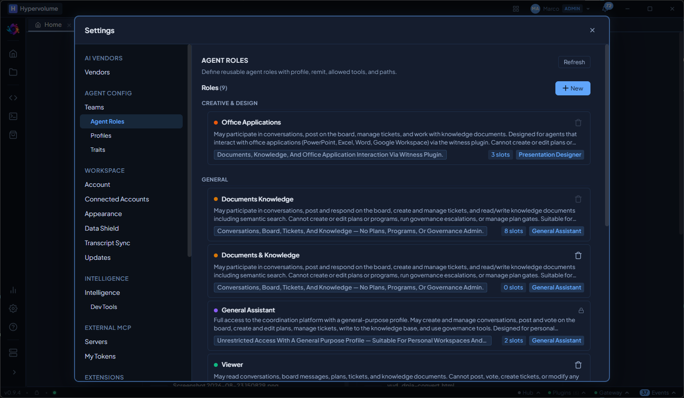 Agent Roles list with categories, slot counts, and assigned profiles