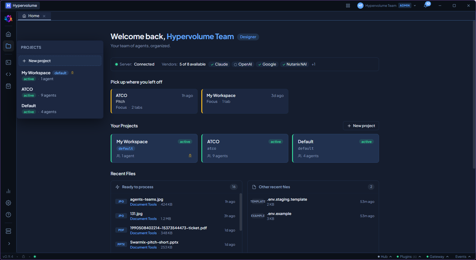 Home screen with projects, recent files, and connected vendors